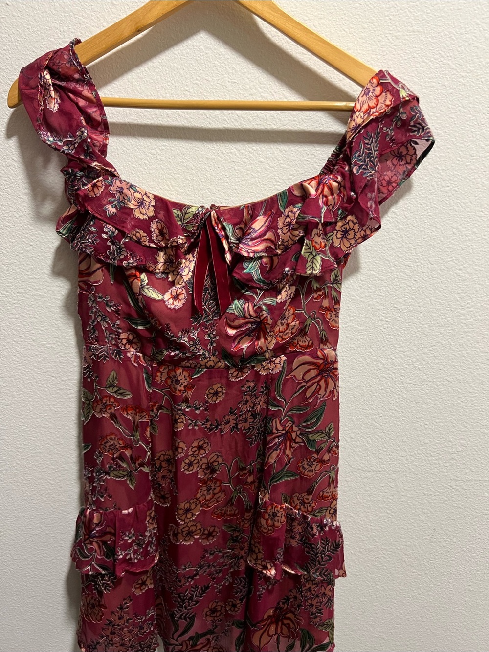 For Love And Lemons Burgundy Floral Off-Shoulder Ruffle Dress
